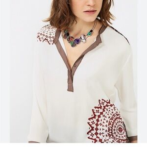 Desigual Cream and Brown Patterned Top Blouse Size S